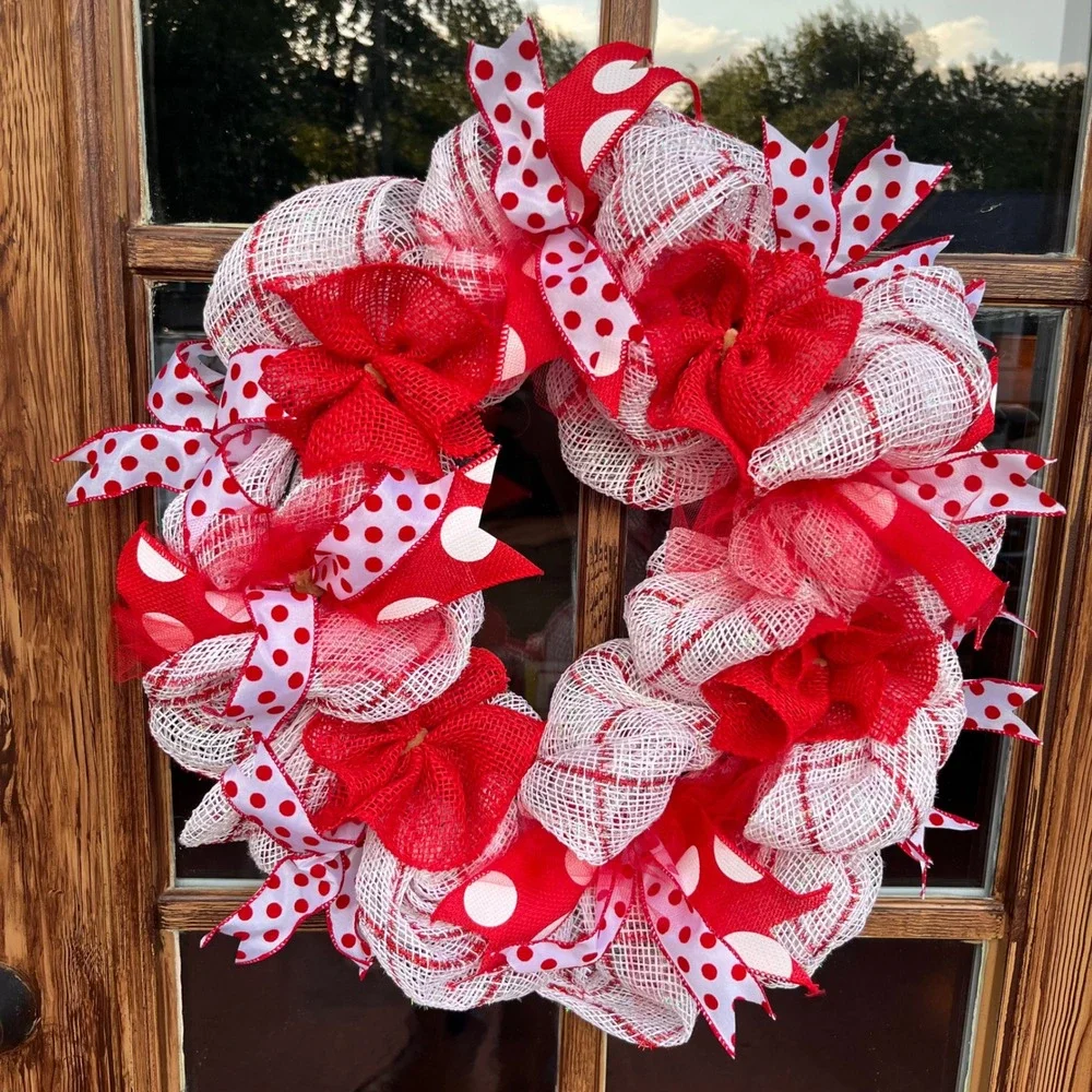 Handmade Red and White Deco Mesh Wreath Polka Dot Burlap Valentine Decor 21in